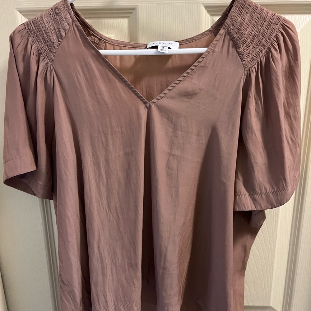 Evereve Taupe Flutter Sleeve Smocked Blouse